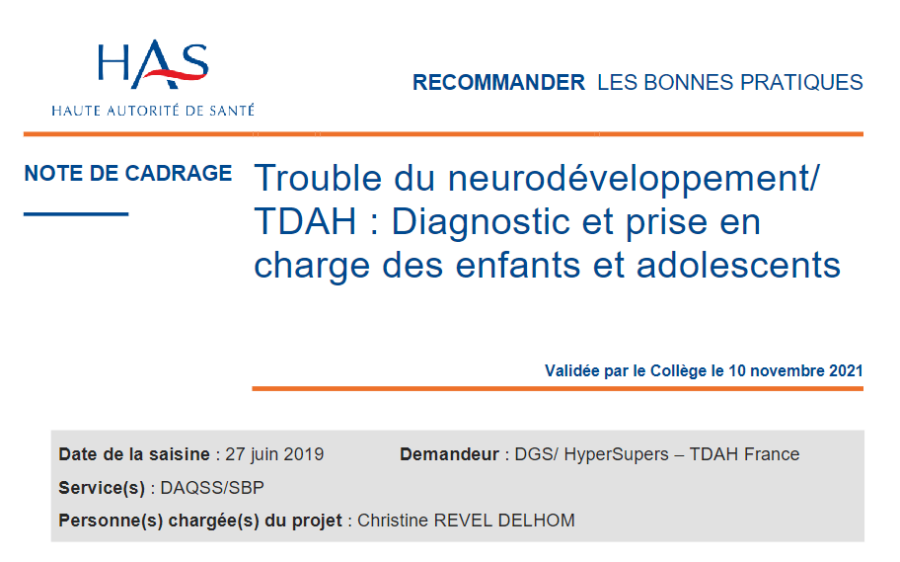 [Enfants/Ado] 2021 Recommandations bonnes pratiques TDAH - Haute Autorité de Santé