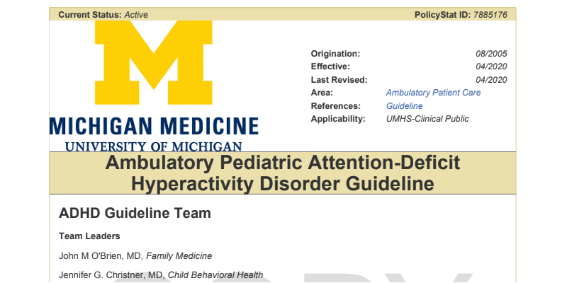 2020 ADHD Guidlines for Clinical Care Ambulatory - UMHS Michigan