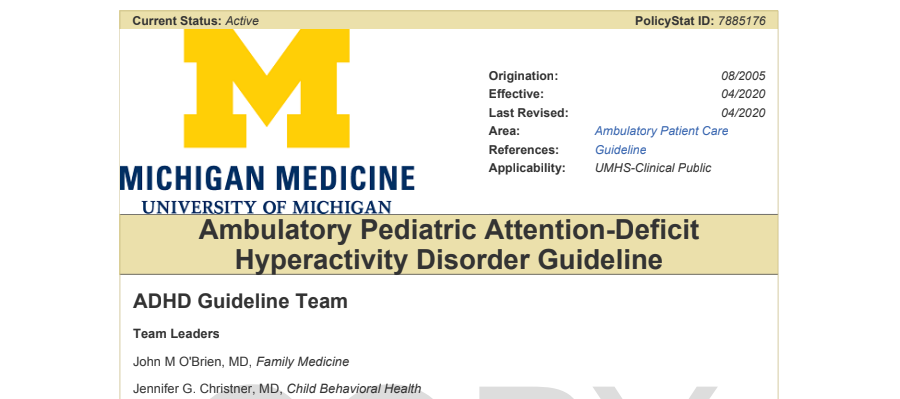 2020 ADHD Guidlines for Clinical Care Ambulatory - UMHS Michigan